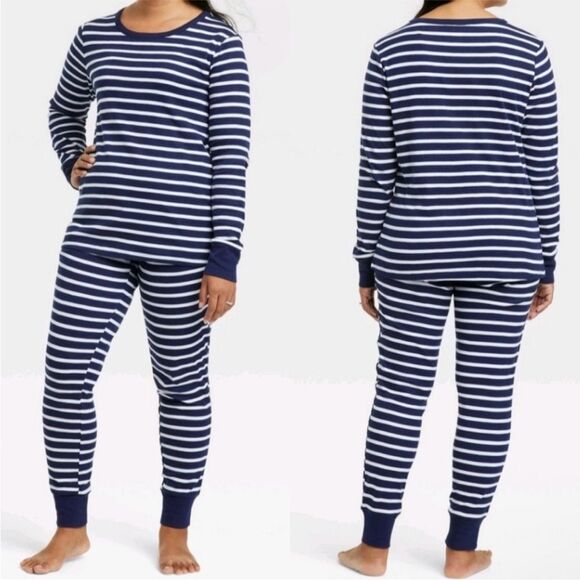 Women's Striped 100% Cotton Navy Blue Matching Family Pajama Set Pjs L - Picture 1 of 4